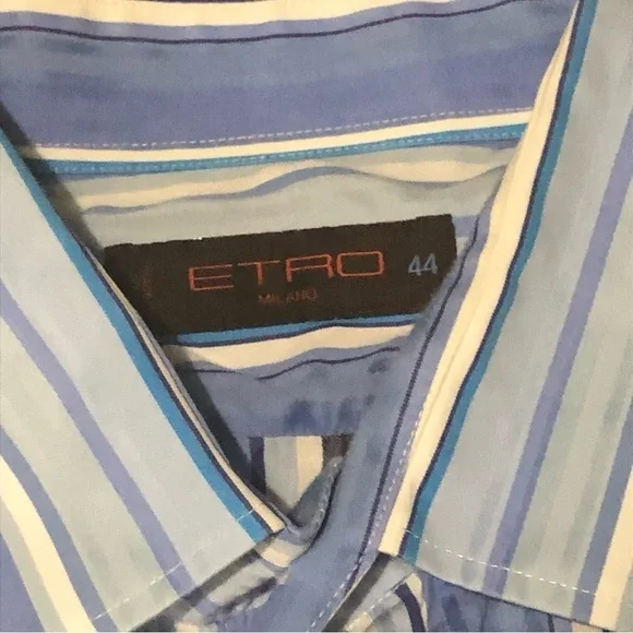 Etro Shirt Men's 44 Spa Via Spartaco Milano Italiana Button Down Blue Stripes - Picture 2 of 5